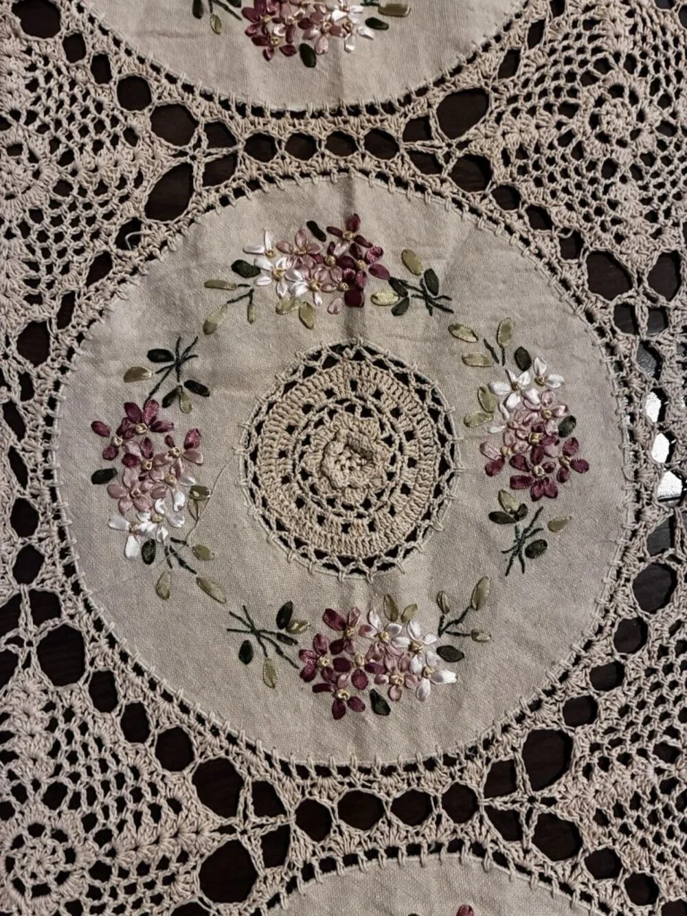 Handmade Crochet Lace Tablecloth Pink Floral Ribbon Embroidery Cottagecore Large
